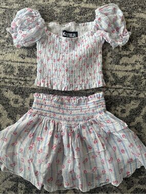 KATIEJ NYC Two-Piece Pink Floral Smocked Crop Top & Skirt